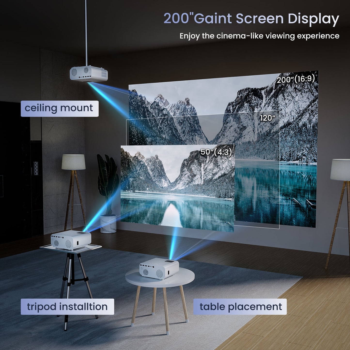 Projector with Wifi and Bluetooth, 4K Support 1080P Mini Projector , Video Projector for Home Theater , 12000LM Portable Outdoor Movie Projector 5G/2.4G