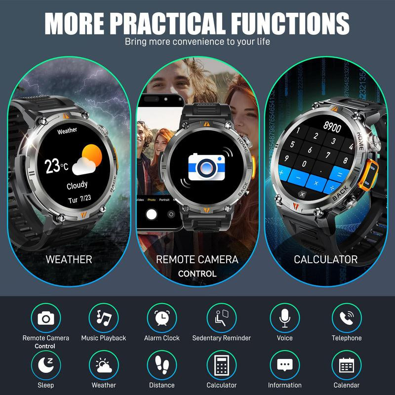 EIGIIS KE3 Smart Watch for Men with LED Flashlight(Answer/Make Call) 3ATM Waterproof Rugged Smartwatch with 110+ Sports Mods 1.45’’ HD Digital Watch for Android Phones