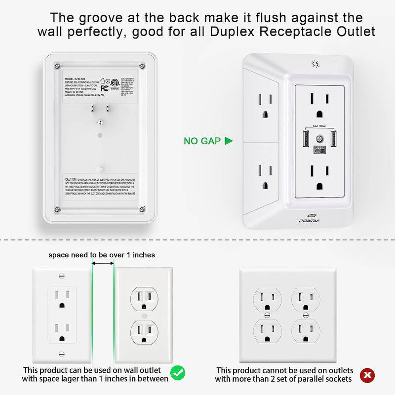 Multi Plug Outlet Surge Protector - POWRUI 6 Outlet Extender with 3 USB Ports (1 USB C) and Night Light, 3-Sided Power Strip with Adapter Spaced Outlets - White, ETL Listed Fathersdaygift Socket