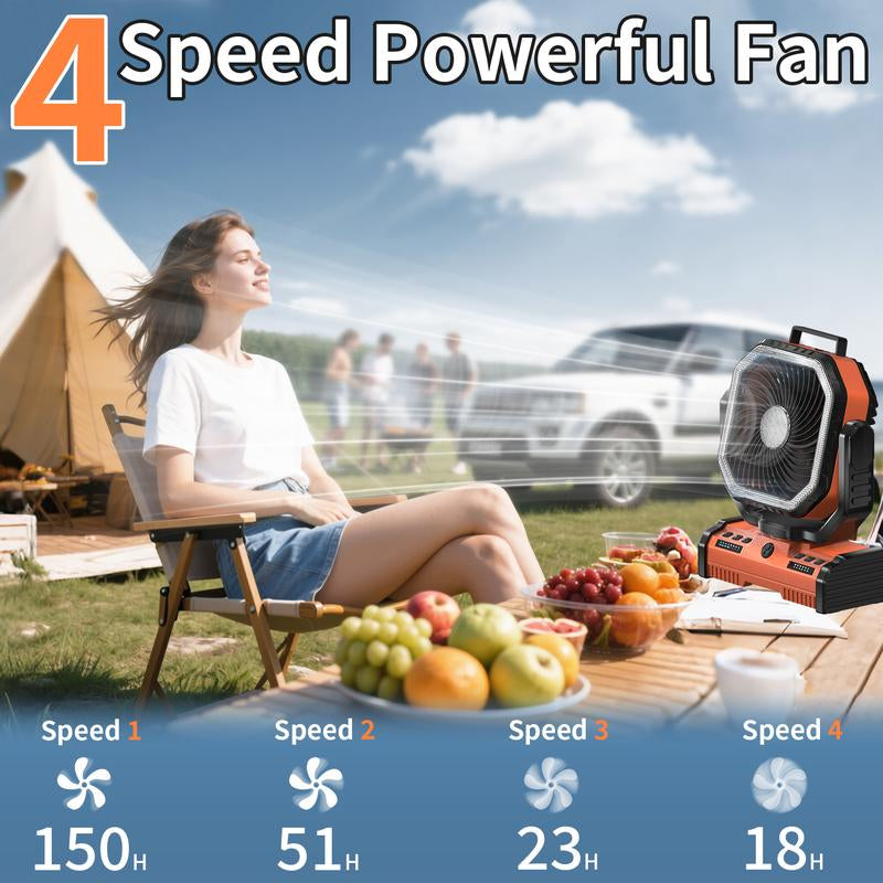 EEIFO Outdoorcool 3-In-1 Power Fan with 40000Mah Battery, 360Β° Rotation, 3 Light Modes, & USB Desk Fan - Orange