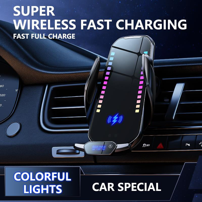 Phone Holder with Wireless Charging, Smart Rhythm Color Lights & Infrared Sensing - Adjustable Car Mount & Retractable Stand for Music & Vehicle Use