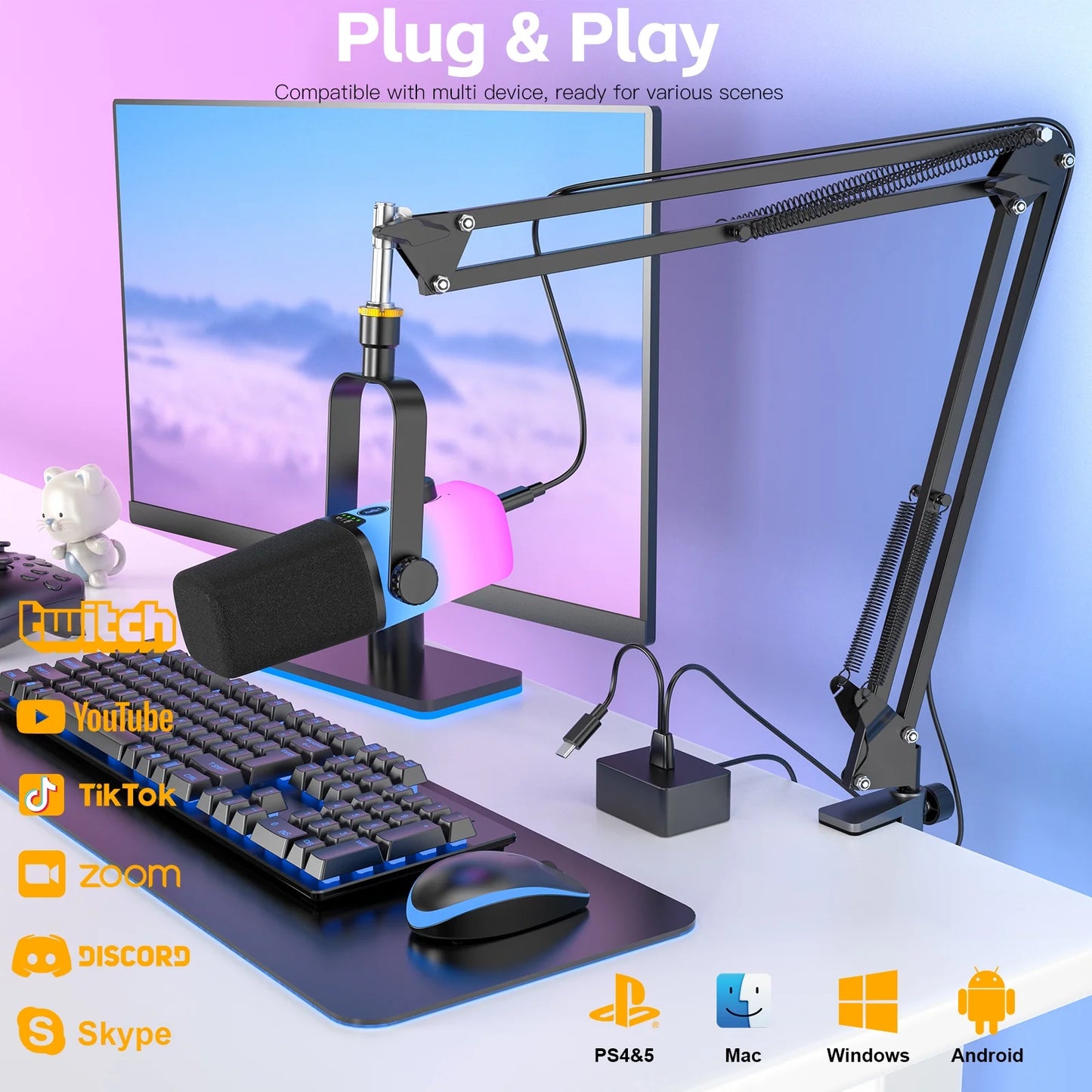 USB Gaming Microphone,Pc Microphone for Phone Tablet with RGB for Streaming Podcast Vocal Recording ASMR, Computer Mic with Noise Cancellation,Mute Button,Gain Knob,Desktop Arm Boom Stand