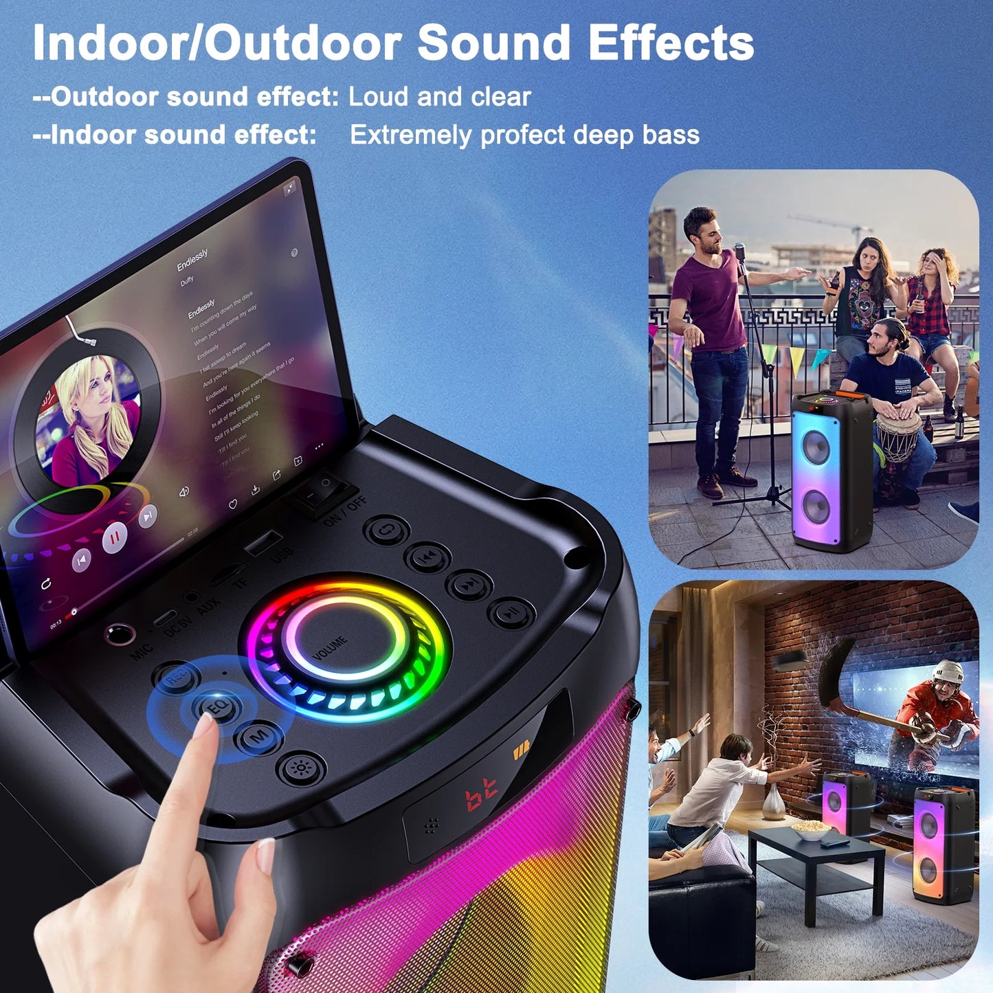 Party Speaker, Bluetooth Speaker with 2 Wireless Microphone & DJ Light, Portable Stereo Wireless Speaker for Outdoor