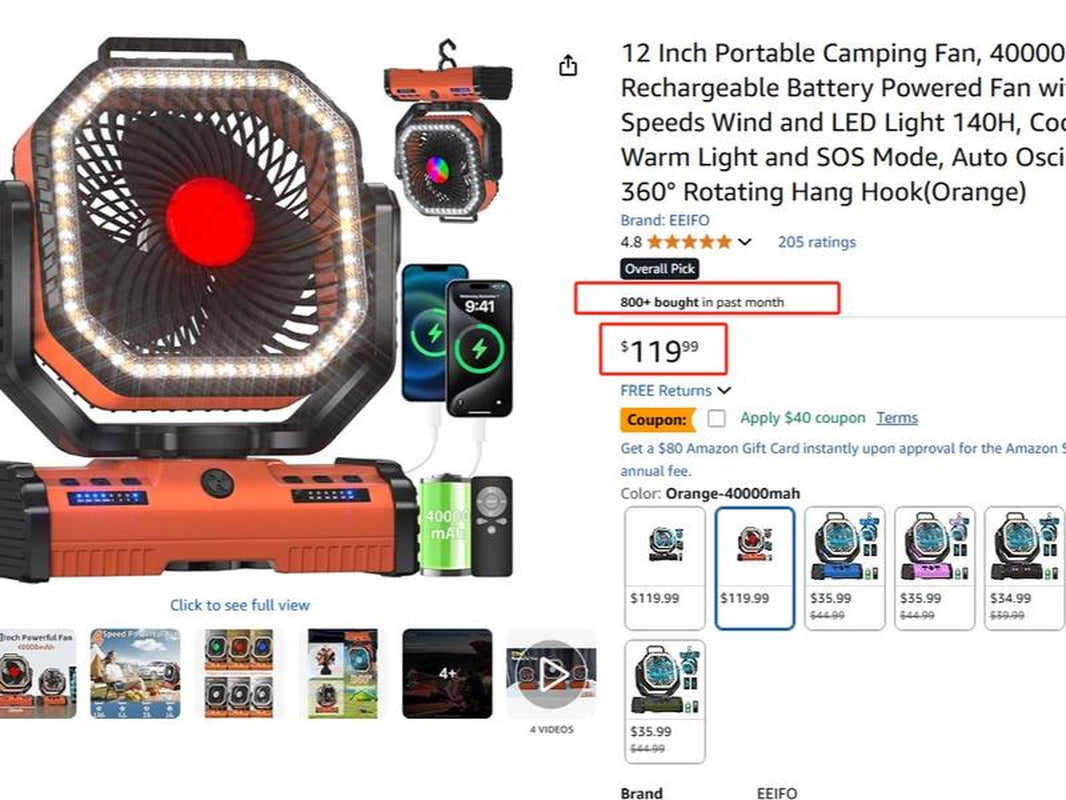 EEIFO Outdoorcool 3-In-1 Power Fan with 40000Mah Battery, 360Β° Rotation, 3 Light Modes, & USB Desk Fan - Orange