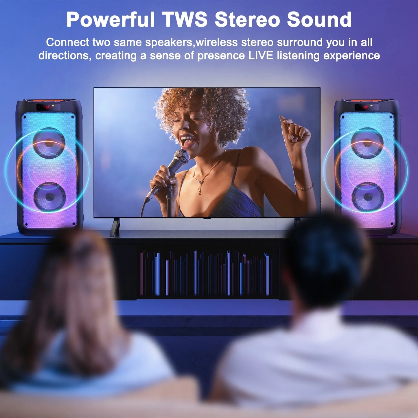 Party Speaker, Bluetooth Speaker with 2 Wireless Microphone & DJ Light, Portable Stereo Wireless Speaker for Outdoor
