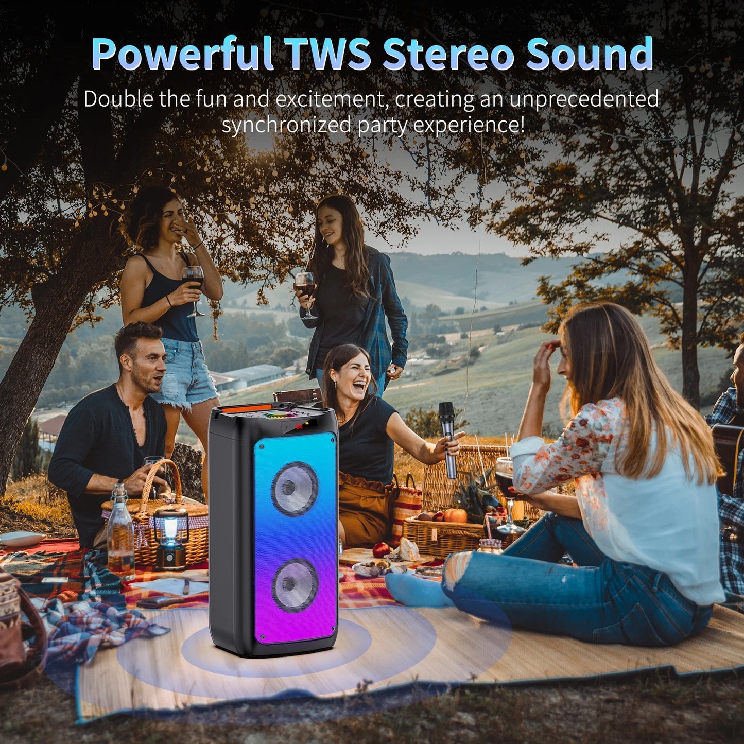 Party Speaker, Bluetooth Speaker with 2 Wireless Microphone & DJ Light, Portable Stereo Wireless Speaker for Outdoor