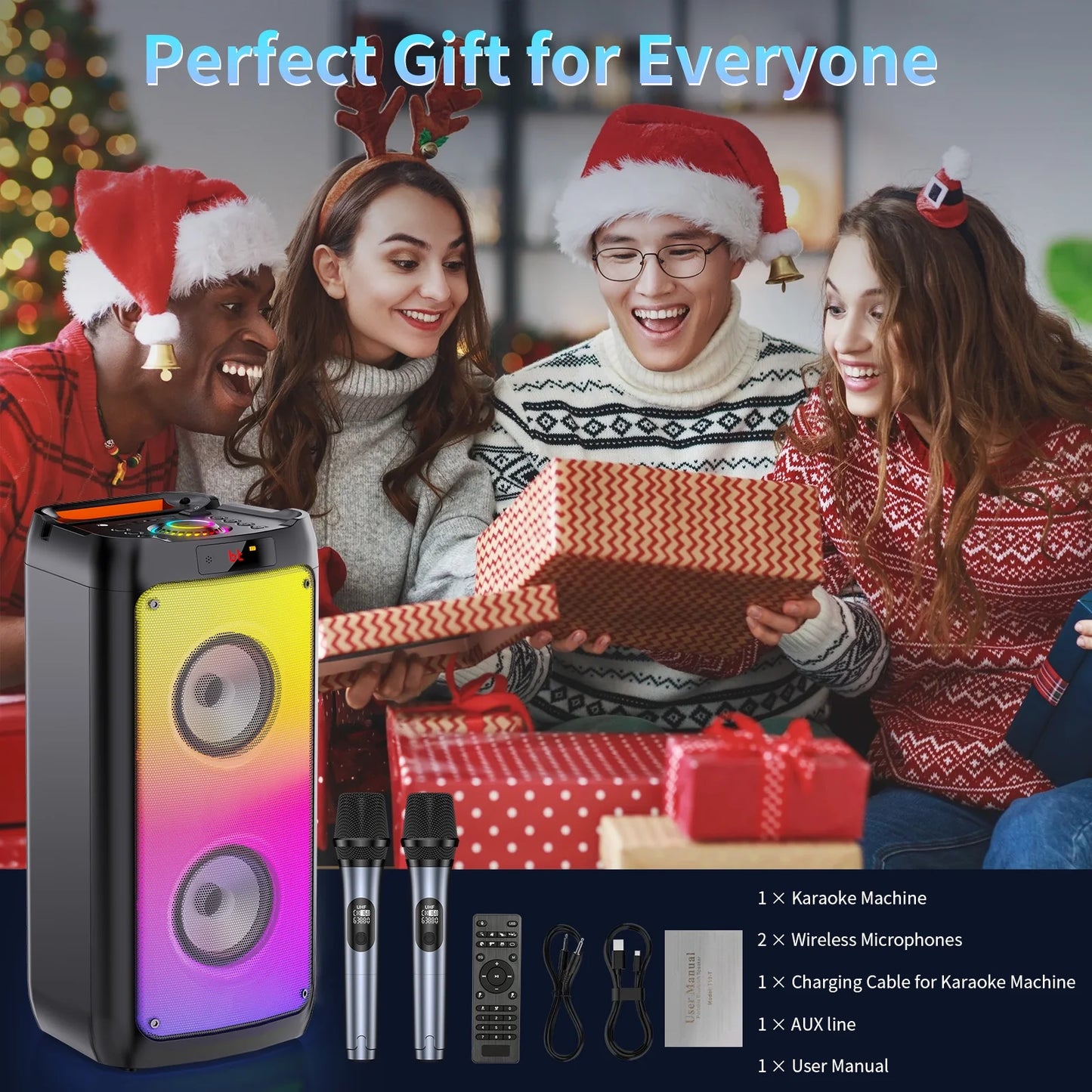 Party Speaker, Bluetooth Speaker with 2 Wireless Microphone & DJ Light, Portable Stereo Wireless Speaker for Outdoor