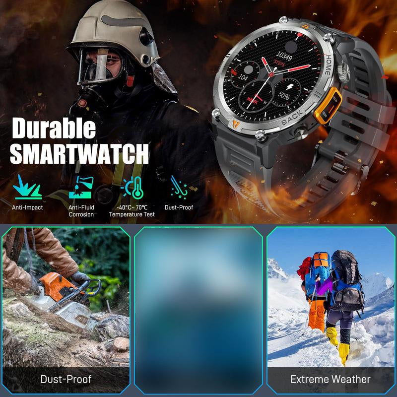 EIGIIS KE3 Smart Watch for Men with LED Flashlight(Answer/Make Call) 3ATM Waterproof Rugged Smartwatch with 110+ Sports Mods 1.45’’ HD Digital Watch for Android Phones