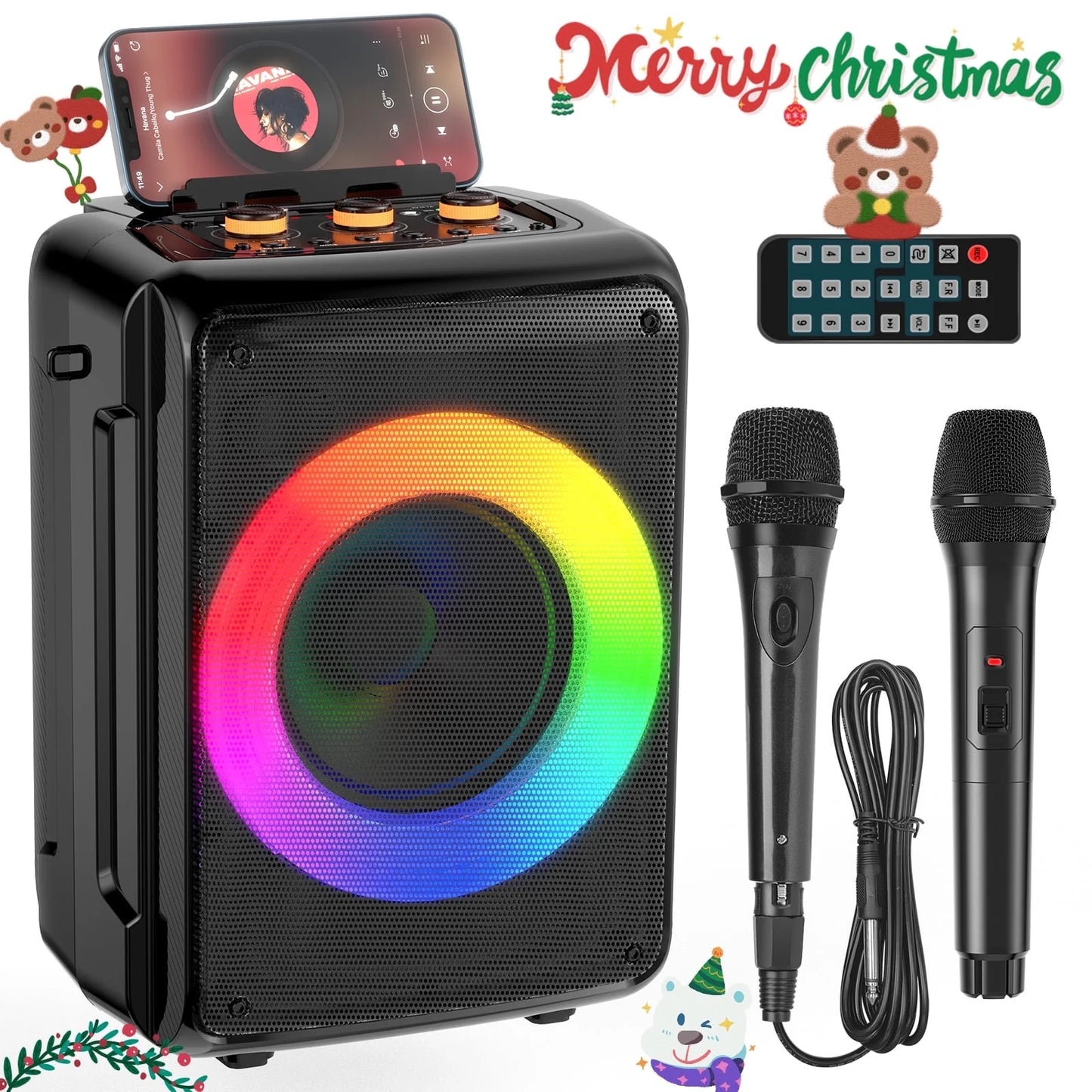 Portable Bluetooth Speaker with Microphone, LED Lighting, Wireless Party Speaker, AUX Input, USB, TF Card, D13