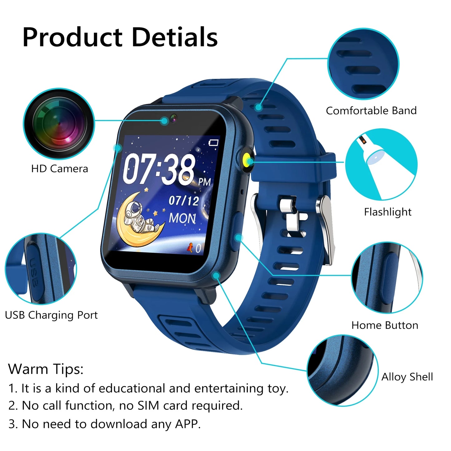 Smart Watch for Kids, Kids Smartwatch with Multifunctions 24 Puzzle-Games Camera Music Vedio Pedometer Record,Birthday Gift for Age 3-12 Boys Girls,Sapphire-Blue