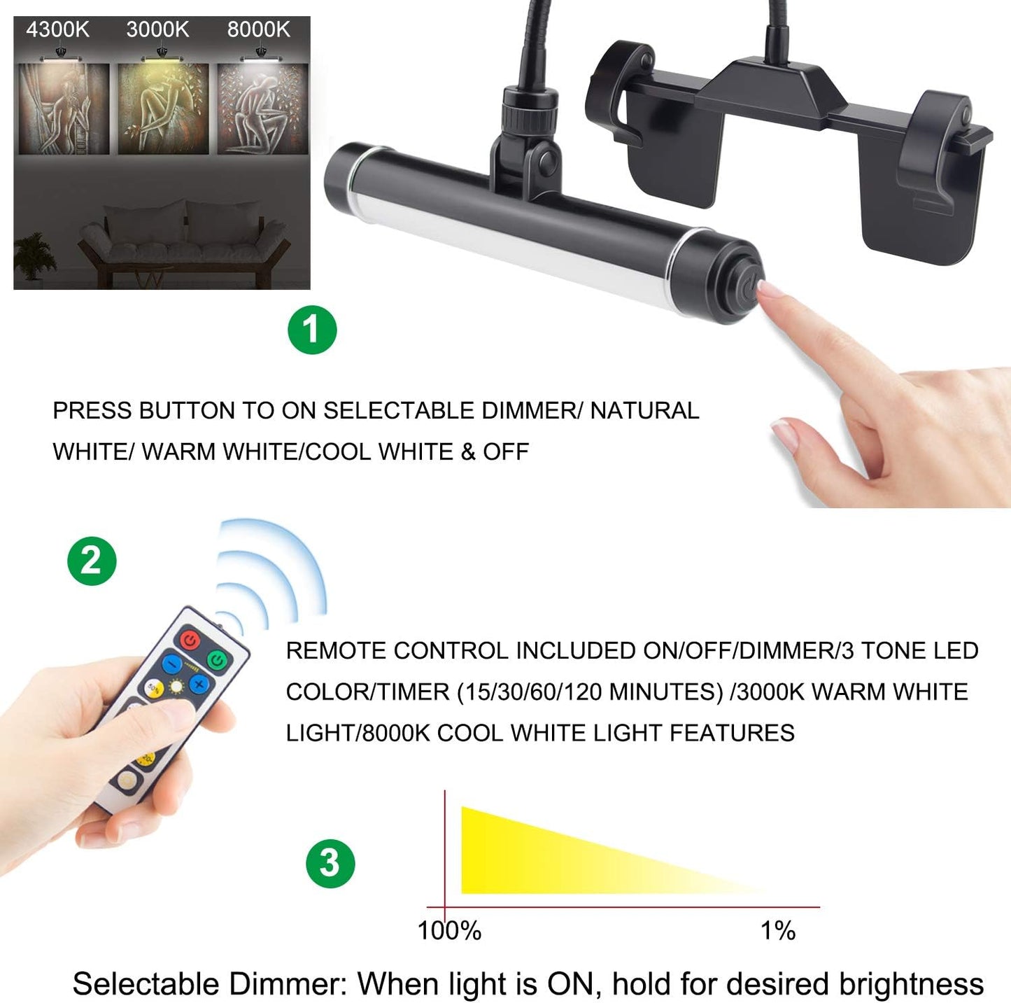 Wireless Picture Frame Led Lighting,Rechargeable Art Display Lighting Clip on Pictures,Over Painting Lights with Remote,Artwork Lamp with Flexible Neck,28 Leds 3 Lighting Modes 200Lm-Black