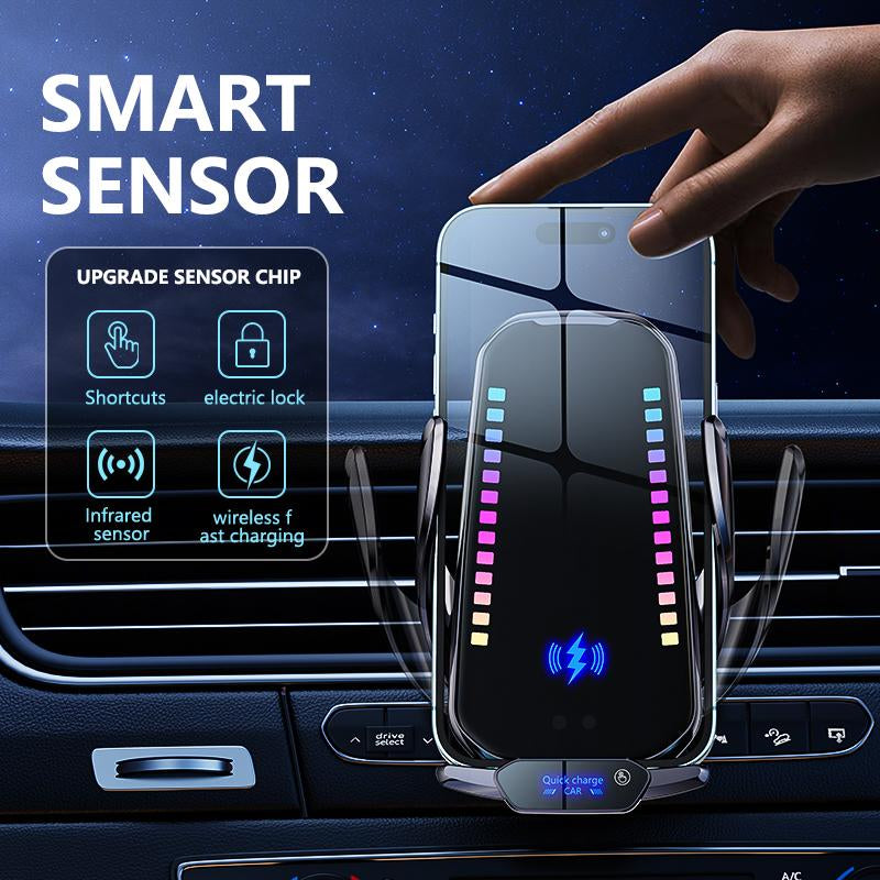 Phone Holder with Wireless Charging, Smart Rhythm Color Lights & Infrared Sensing - Adjustable Car Mount & Retractable Stand for Music & Vehicle Use
