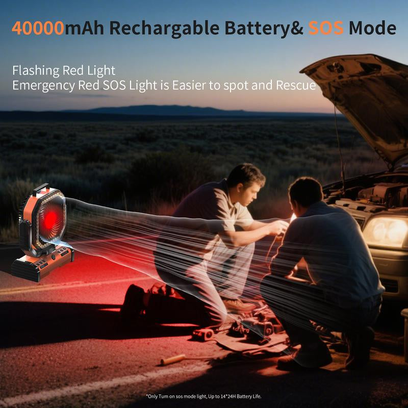 EEIFO Outdoorcool 3-In-1 Power Fan with 40000Mah Battery, 360Β° Rotation, 3 Light Modes, & USB Desk Fan - Orange