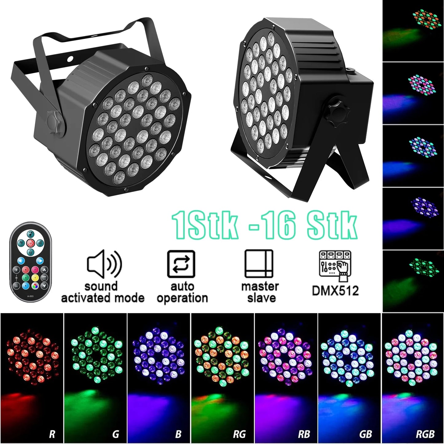 2 Pack Stage Lights 36 LED Par Lights with Wireless Remote Sound Activated DMX Control for DJ Party Effect Lighting