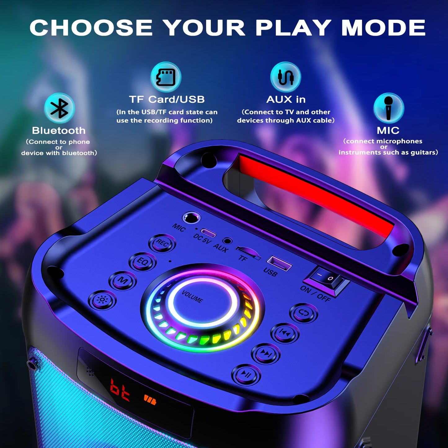 Party Speaker, Bluetooth Speaker with 2 Wireless Microphone & DJ Light, Portable Stereo Wireless Speaker for Outdoor