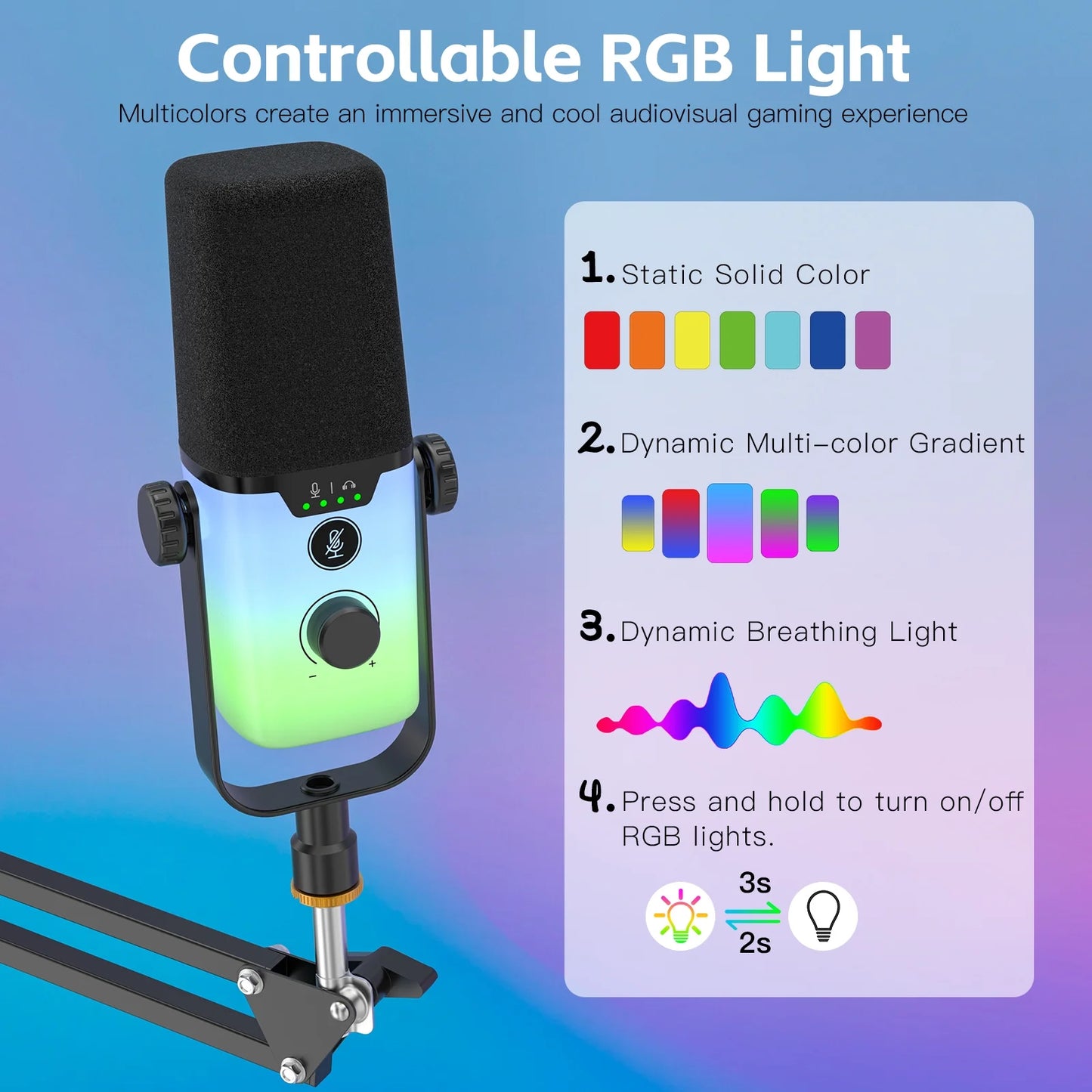 USB Gaming Microphone,Pc Microphone for Phone Tablet with RGB for Streaming Podcast Vocal Recording ASMR, Computer Mic with Noise Cancellation,Mute Button,Gain Knob,Desktop Arm Boom Stand