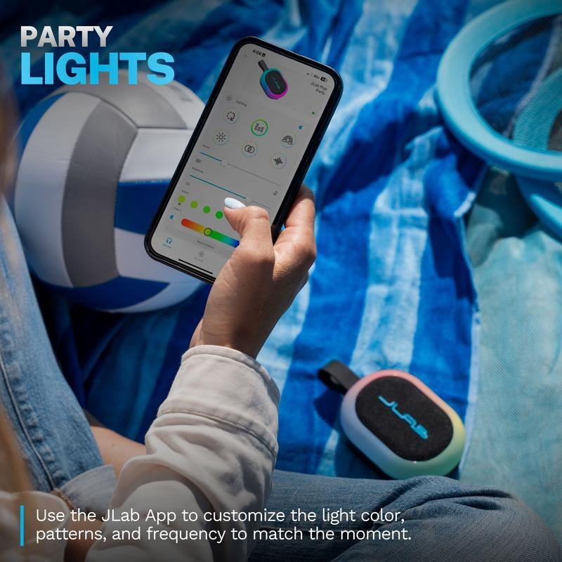 Jlab Pop Party Ultra-Portable Bluetooth Speaker with 5W Driver, 8+ Hours Playtime, RGB Lighting, & IPX5 Waterproofing - Audio