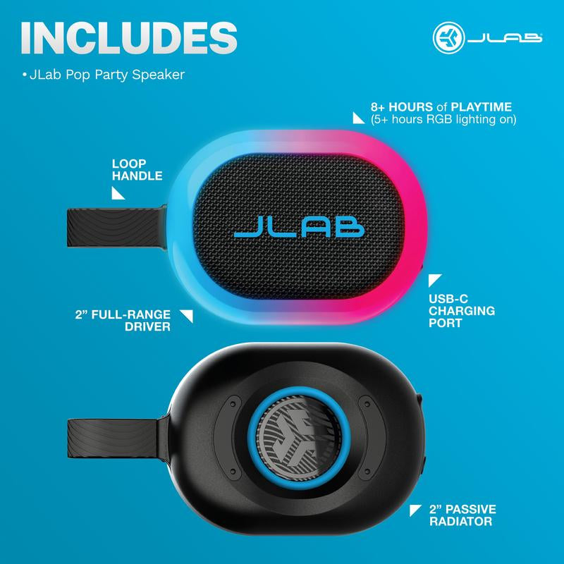 Jlab Pop Party Ultra-Portable Bluetooth Speaker with 5W Driver, 8+ Hours Playtime, RGB Lighting, & IPX5 Waterproofing - Audio