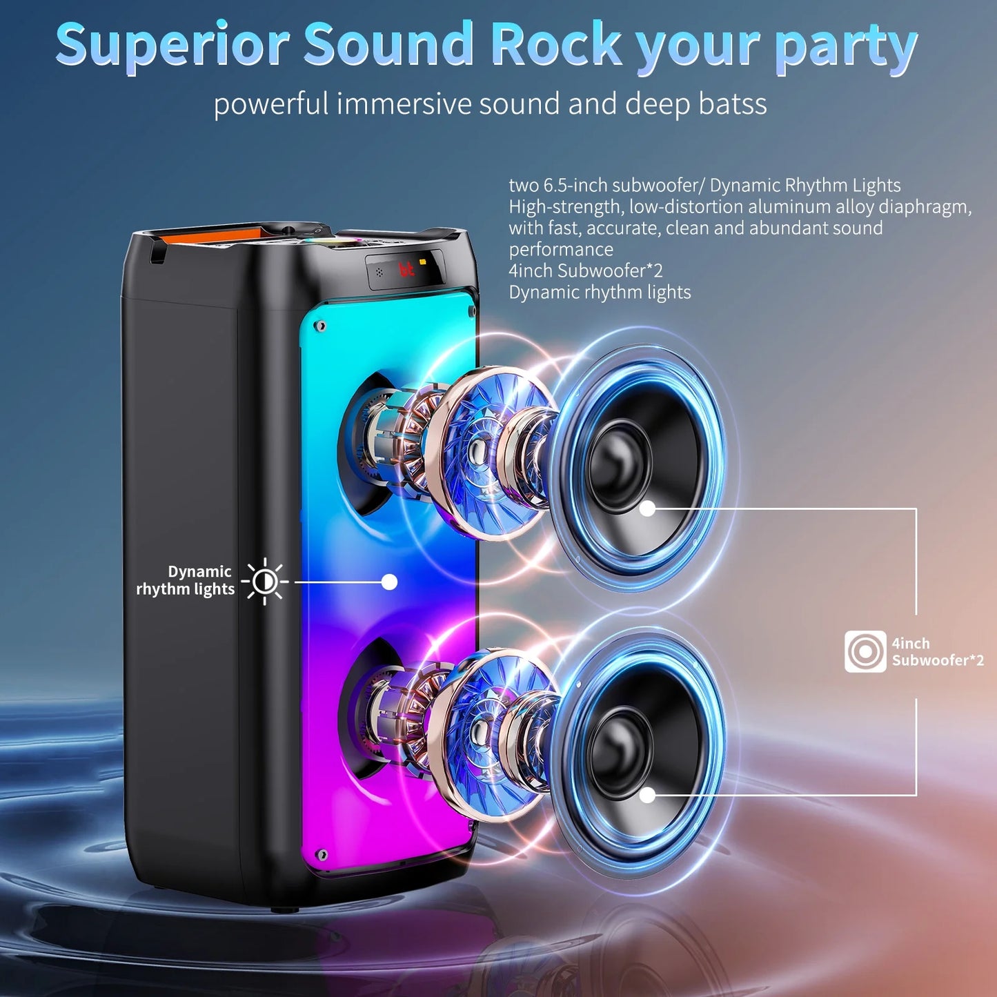 Party Speaker, Bluetooth Speaker with 2 Wireless Microphone & DJ Light, Portable Stereo Wireless Speaker for Outdoor