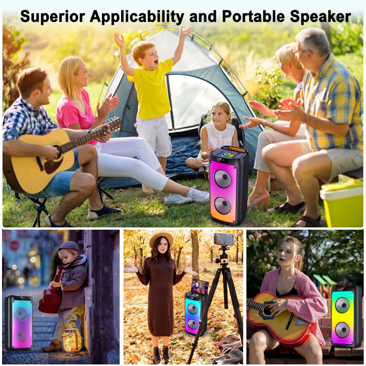 Party Speaker, Bluetooth Speaker with 2 Wireless Microphone & DJ Light, Portable Stereo Wireless Speaker for Outdoor