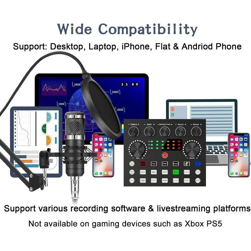 Podcast Equipment Kit, Audio Interface & All-In-One Live Sound Control Device, Sound Card Set, Ideal for Recording, Gaming, Singing, Broadcasting, Live Streaming
