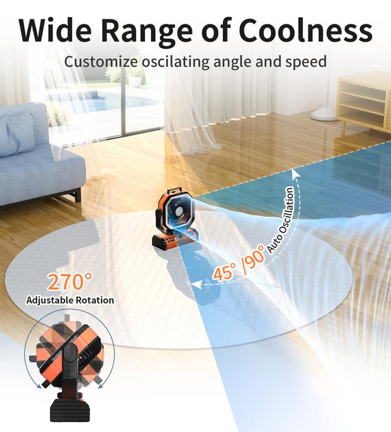 EEIFO Outdoorcool 3-In-1 Power Fan with 40000Mah Battery, 360Β° Rotation, 3 Light Modes, & USB Desk Fan - Orange