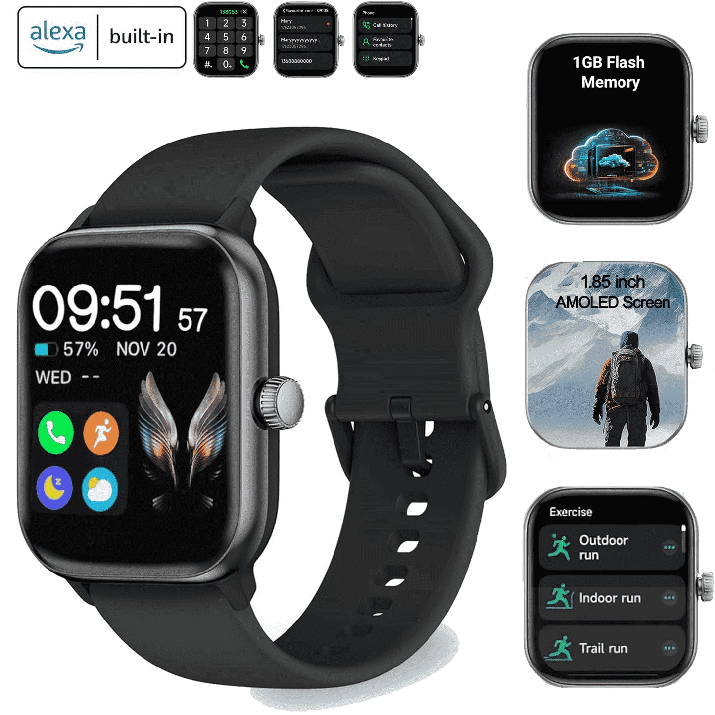 GTX10 Smart Watch - 1.85" AMOLED Smartwatch W/ Alexa | IP68 | Fitness, Compatible with Ios/Android, Black