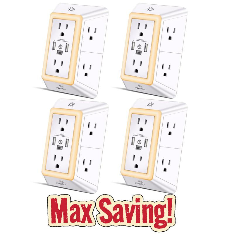 Multi Plug Outlet Surge Protector - POWRUI 6 Outlet Extender with 3 USB Ports (1 USB C) and Night Light, 3-Sided Power Strip with Adapter Spaced Outlets - White, ETL Listed Fathersdaygift Socket