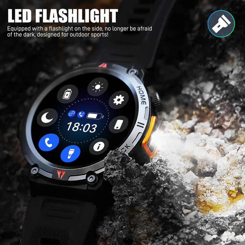 EIGIIS KE3 Smart Watch for Men with LED Flashlight(Answer/Make Call) 3ATM Waterproof Rugged Smartwatch with 110+ Sports Mods 1.45’’ HD Digital Watch for Android Phones