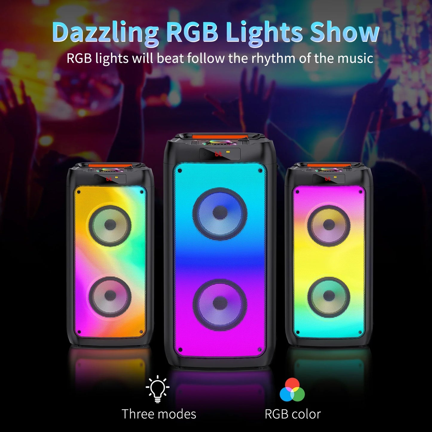 Party Speaker, Bluetooth Speaker with 2 Wireless Microphone & DJ Light, Portable Stereo Wireless Speaker for Outdoor