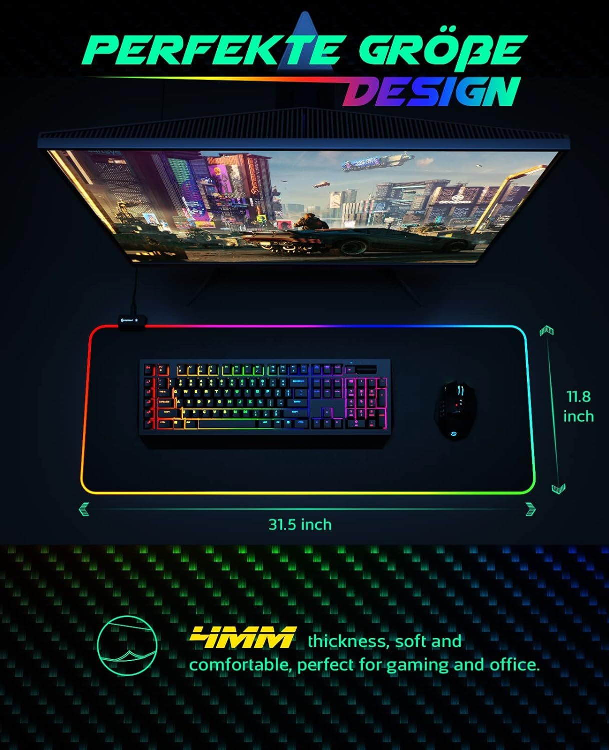 RGB Gaming Mouse Pad, Large Extended Soft Led Mouse Pad with 14 Lighting Modes 2 Brightness Levels, Computer Keyboard Mousepads Mat 800 X 300Mm / 31.5×11.8 Inches