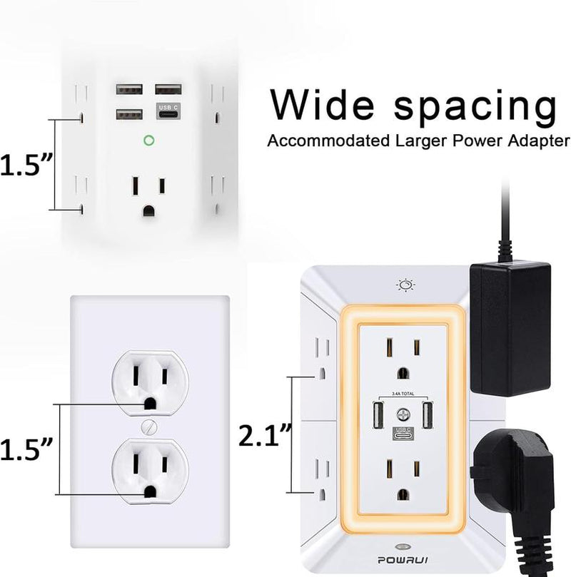 Multi Plug Outlet Surge Protector - POWRUI 6 Outlet Extender with 3 USB Ports (1 USB C) and Night Light, 3-Sided Power Strip with Adapter Spaced Outlets - White, ETL Listed Fathersdaygift Socket