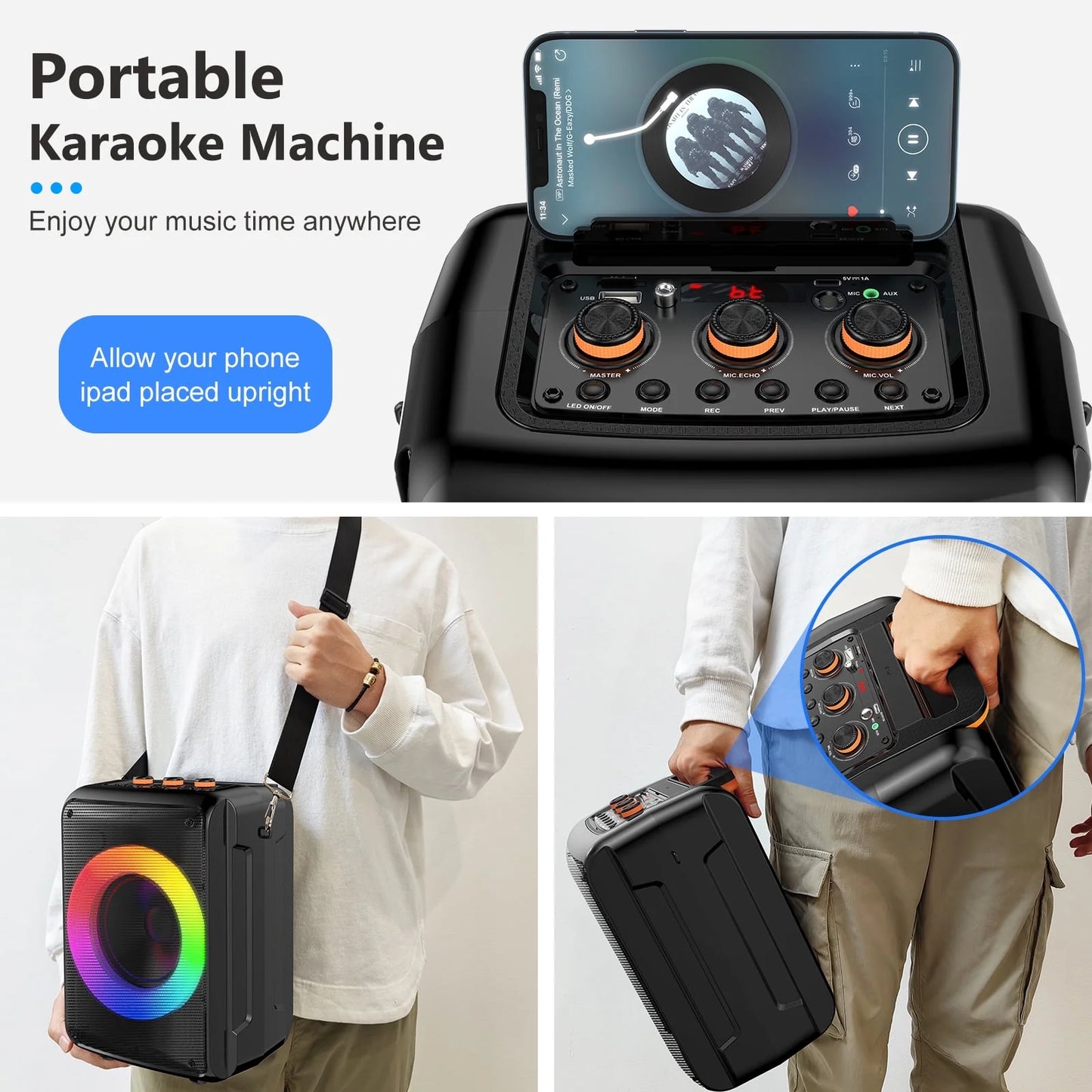 Portable Bluetooth Speaker with Microphone, LED Lighting, Wireless Party Speaker, AUX Input, USB, TF Card, D13