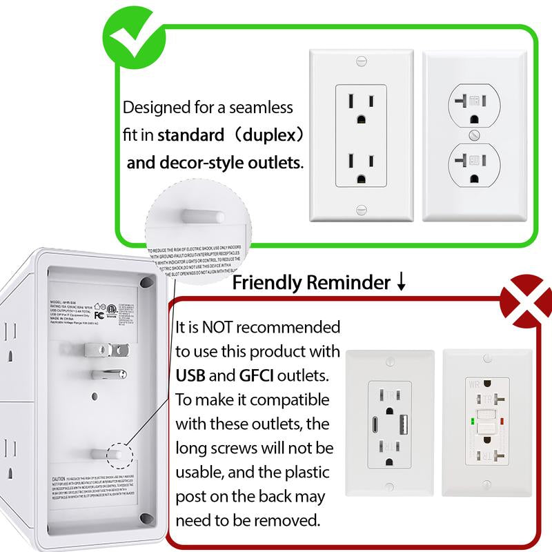 Multi Plug Outlet Surge Protector - POWRUI 6 Outlet Extender with 3 USB Ports (1 USB C) and Night Light, 3-Sided Power Strip with Adapter Spaced Outlets - White, ETL Listed Fathersdaygift Socket