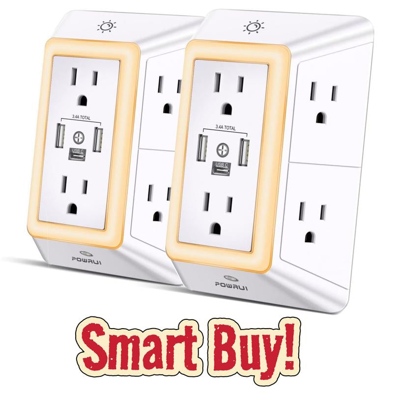 Multi Plug Outlet Surge Protector - POWRUI 6 Outlet Extender with 3 USB Ports (1 USB C) and Night Light, 3-Sided Power Strip with Adapter Spaced Outlets - White, ETL Listed Fathersdaygift Socket