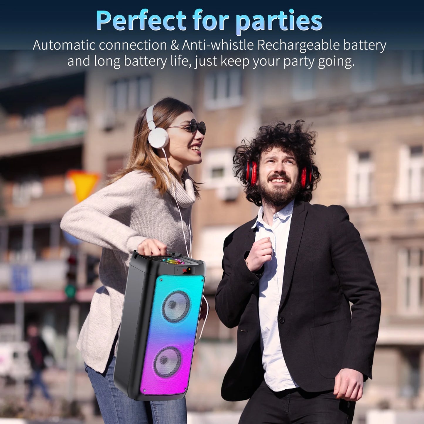 Party Speaker, Bluetooth Speaker with 2 Wireless Microphone & DJ Light, Portable Stereo Wireless Speaker for Outdoor