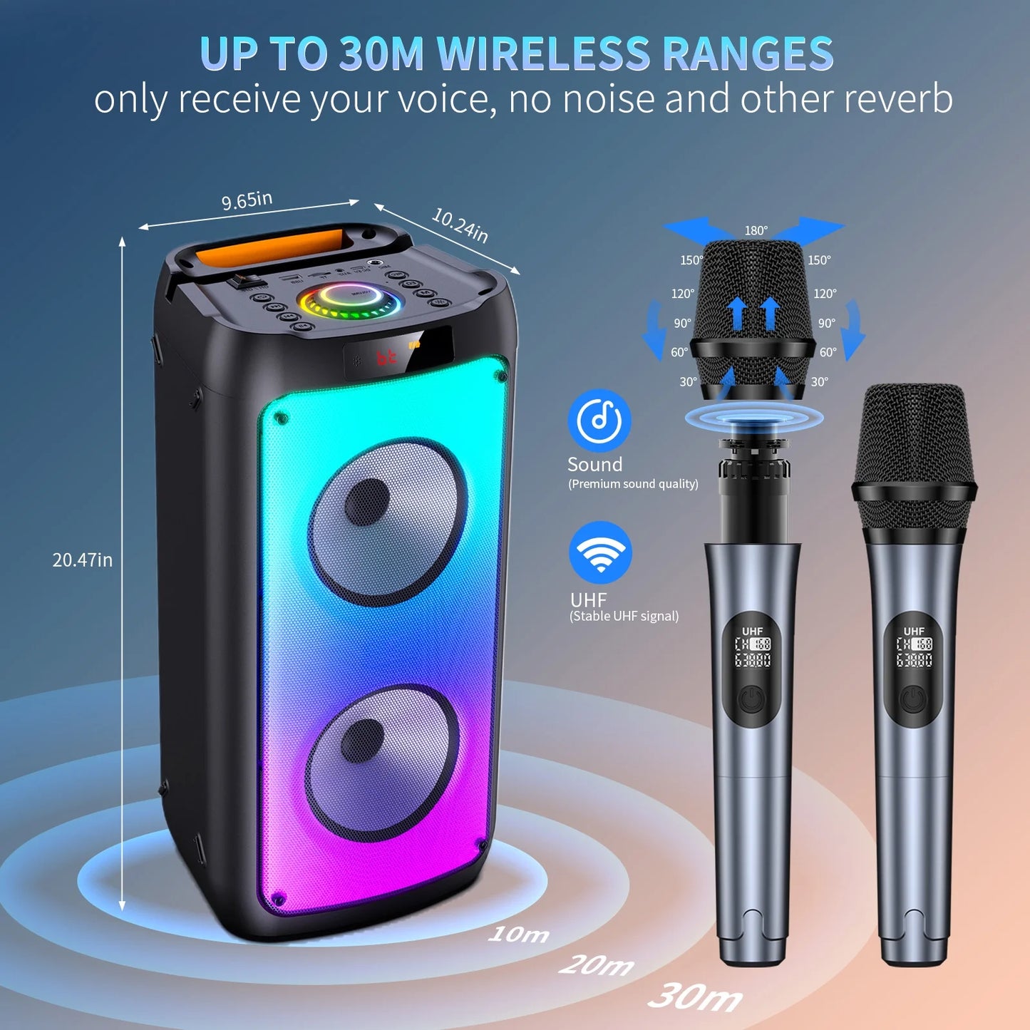Party Speaker, Bluetooth Speaker with 2 Wireless Microphone & DJ Light, Portable Stereo Wireless Speaker for Outdoor