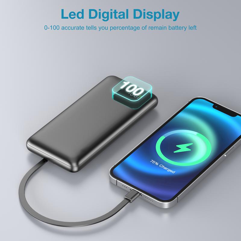 Portable Charger with Built-In Cables,Portable Charger with Cords Wires Slim 10000Mah Travel Battery Pack 4 Outputs 2 Inputs 22.5W Fast Charging Power Bank for Samsung Google Pixel LG Moto Iphone Ipad