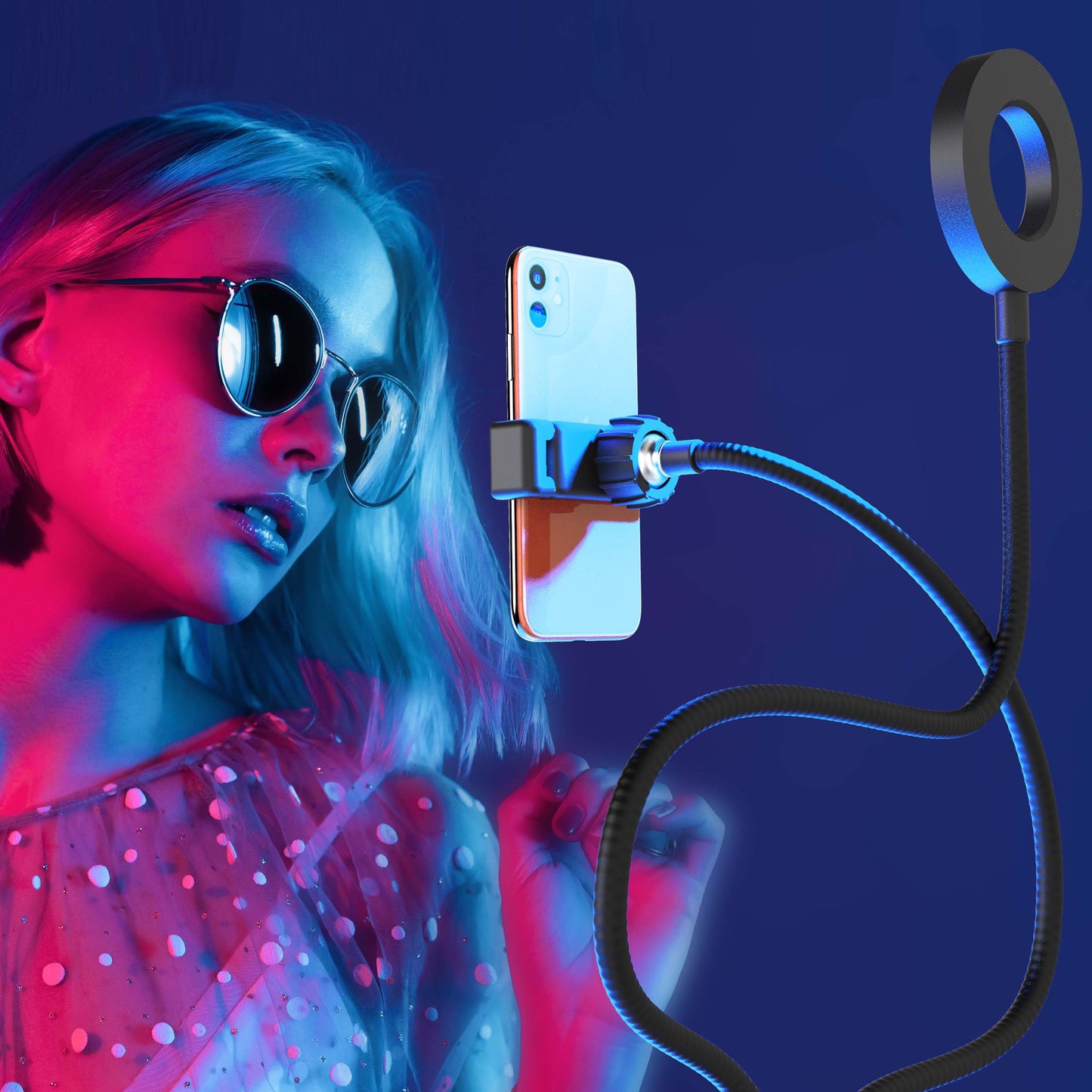 Flexible White and RGB LED Ring Light with Smartphone Holder