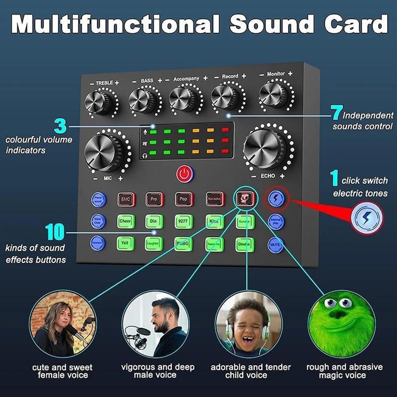 Podcast Equipment Kit, Audio Interface & All-In-One Live Sound Control Device, Sound Card Set, Ideal for Recording, Gaming, Singing, Broadcasting, Live Streaming