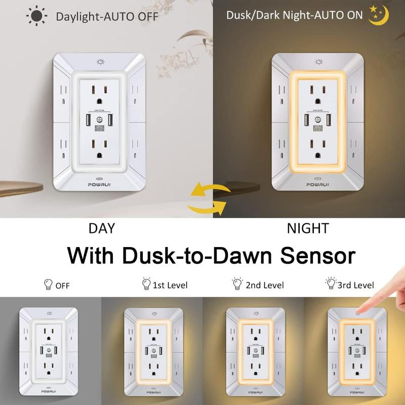 Multi Plug Outlet Surge Protector - POWRUI 6 Outlet Extender with 3 USB Ports (1 USB C) and Night Light, 3-Sided Power Strip with Adapter Spaced Outlets - White, ETL Listed Fathersdaygift Socket