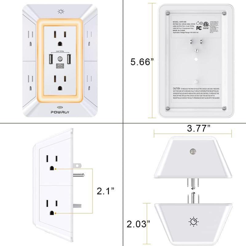 Multi Plug Outlet Surge Protector - POWRUI 6 Outlet Extender with 3 USB Ports (1 USB C) and Night Light, 3-Sided Power Strip with Adapter Spaced Outlets - White, ETL Listed Fathersdaygift Socket