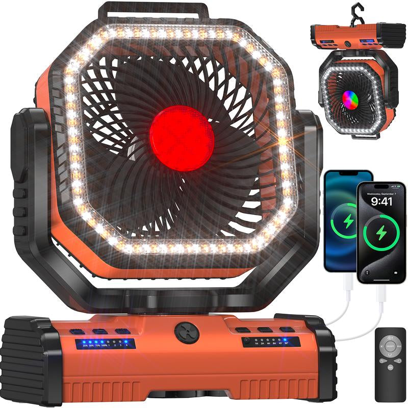 EEIFO Outdoorcool 3-In-1 Power Fan with 40000Mah Battery, 360Β° Rotation, 3 Light Modes, & USB Desk Fan - Orange