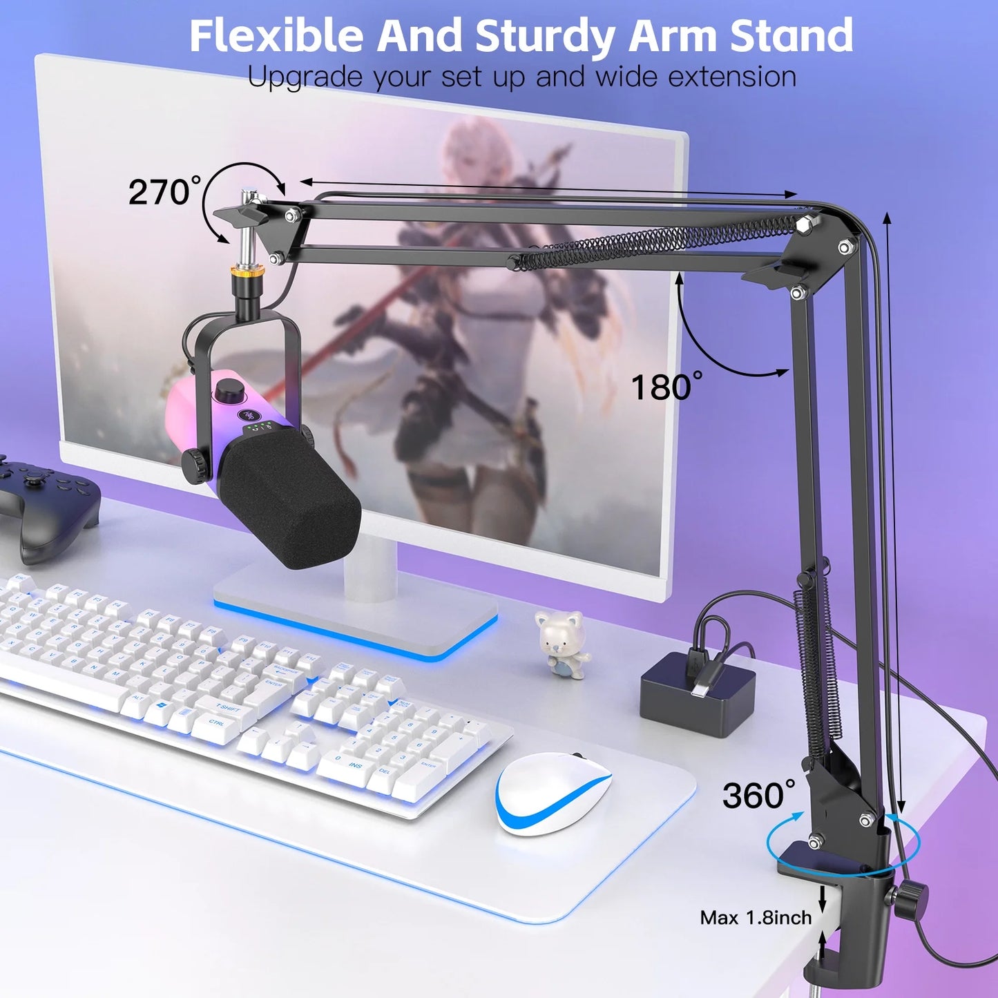 USB Gaming Microphone,Pc Microphone for Phone Tablet with RGB for Streaming Podcast Vocal Recording ASMR, Computer Mic with Noise Cancellation,Mute Button,Gain Knob,Desktop Arm Boom Stand