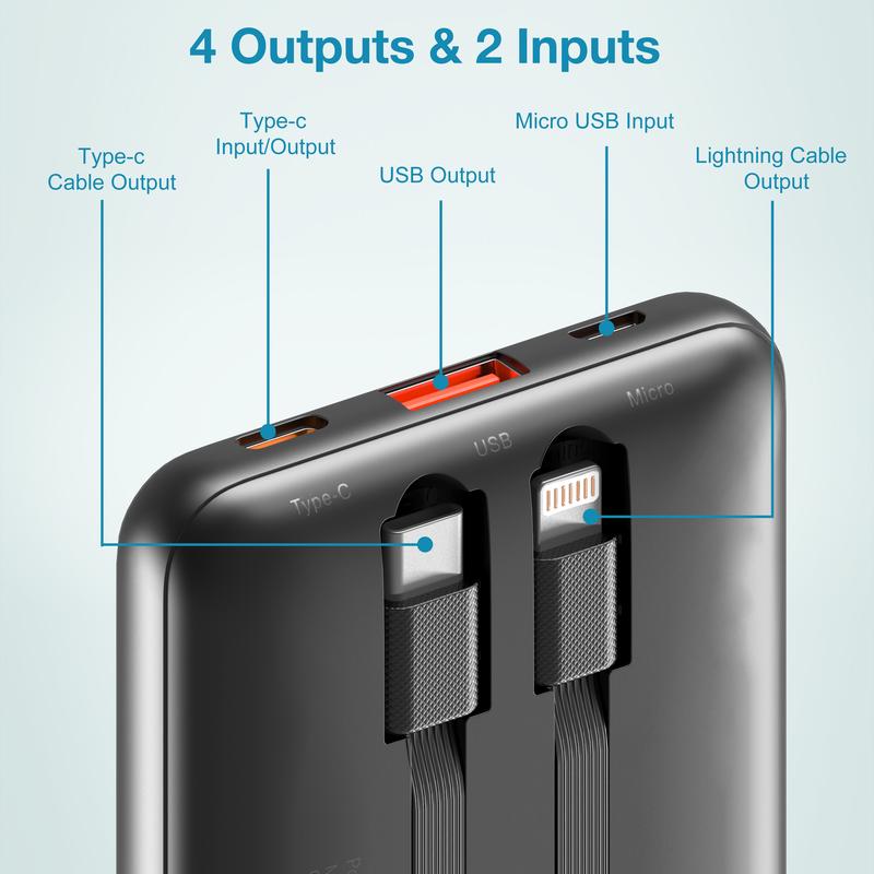 Portable Charger with Built-In Cables,Portable Charger with Cords Wires Slim 10000Mah Travel Battery Pack 4 Outputs 2 Inputs 22.5W Fast Charging Power Bank for Samsung Google Pixel LG Moto Iphone Ipad