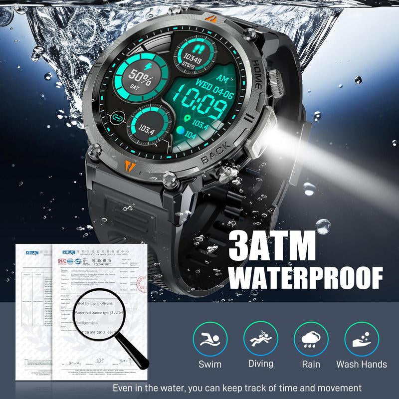 EIGIIS KE3 Smart Watch for Men with LED Flashlight(Answer/Make Call) 3ATM Waterproof Rugged Smartwatch with 110+ Sports Mods 1.45’’ HD Digital Watch for Android Phones