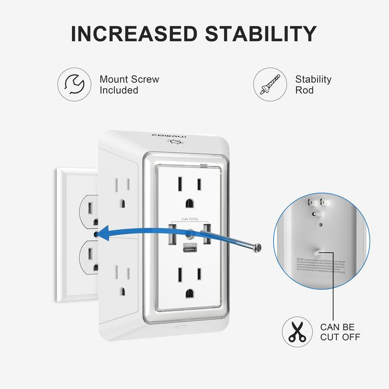Multi Plug Outlet Surge Protector - POWRUI 6 Outlet Extender with 3 USB Ports (1 USB C) and Night Light, 3-Sided Power Strip with Adapter Spaced Outlets - White, ETL Listed Fathersdaygift Socket