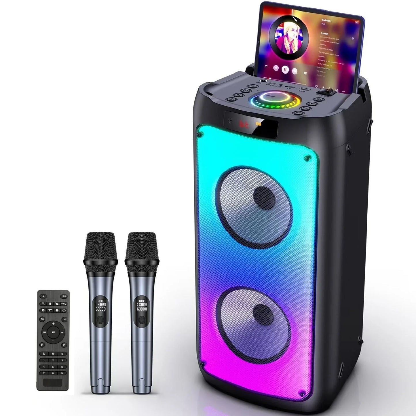 Party Speaker, Bluetooth Speaker with 2 Wireless Microphone & DJ Light, Portable Stereo Wireless Speaker for Outdoor