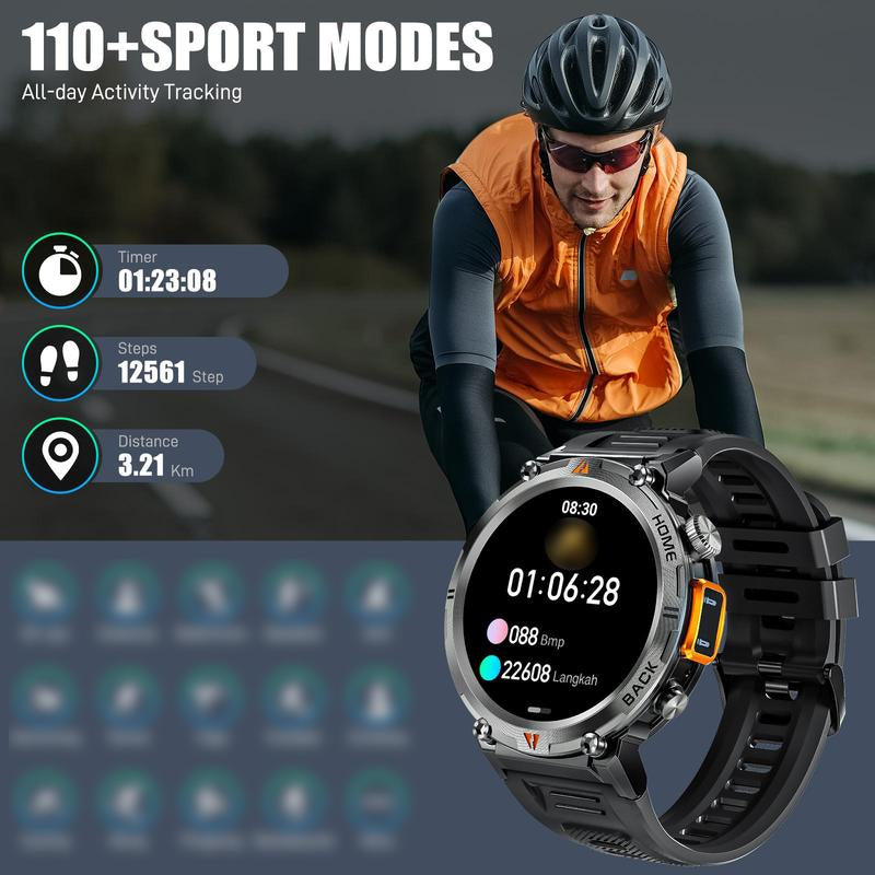 EIGIIS KE3 Smart Watch for Men with LED Flashlight(Answer/Make Call) 3ATM Waterproof Rugged Smartwatch with 110+ Sports Mods 1.45’’ HD Digital Watch for Android Phones