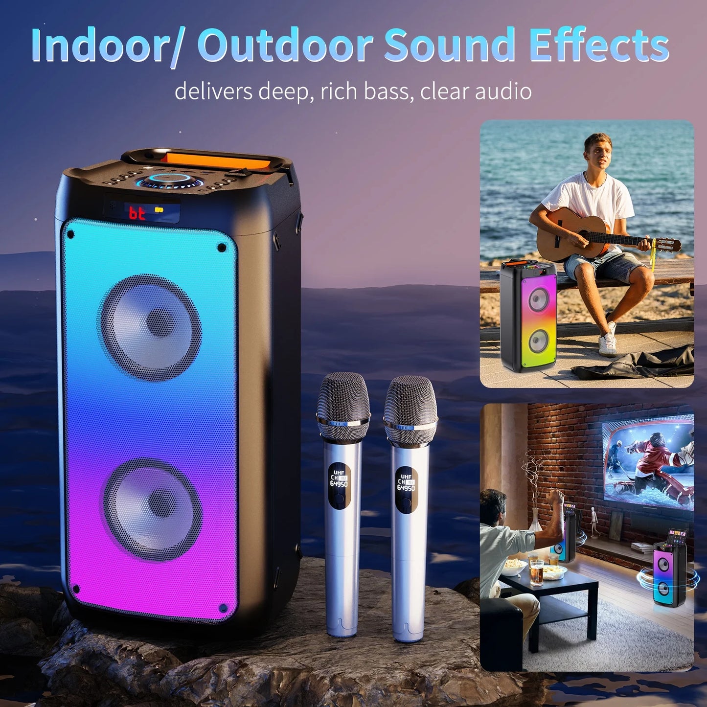 Party Speaker, Bluetooth Speaker with 2 Wireless Microphone & DJ Light, Portable Stereo Wireless Speaker for Outdoor